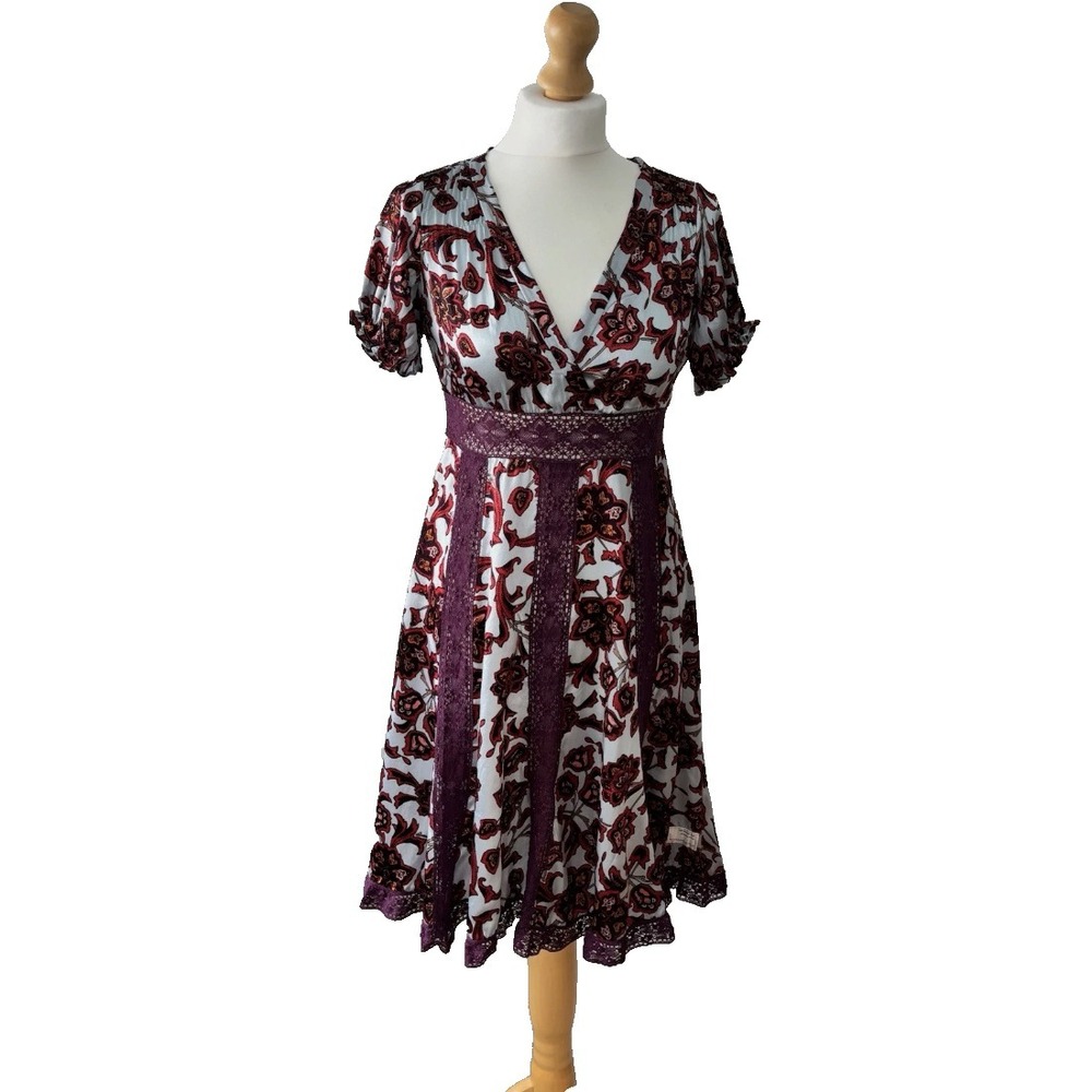 Whimsigoth Odd Molly Garden Floral Silk Midi Dress Medium Crochet Lace Regency
